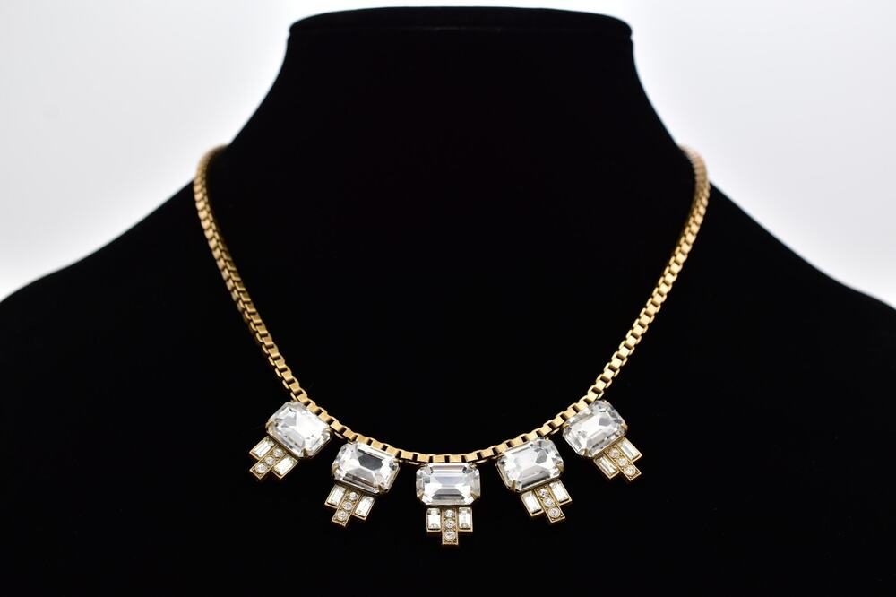 Loren Hope Clear Crystal Statement Necklace Art Deco Antiqued Gold Signed 9J